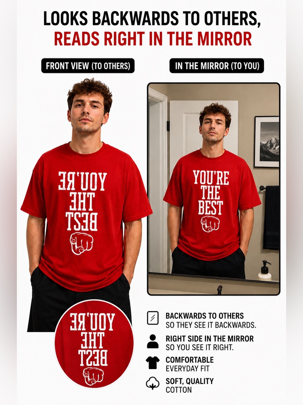 You’re The Best Mirror T-Shirt XL | Funny Backwards Graphic Red Tee